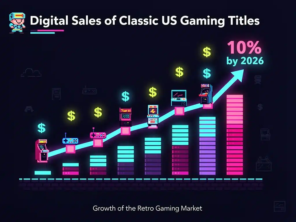 Infographic showing projected 10% digital sales growth for classic US gaming titles by 2026.