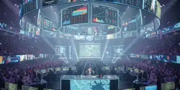 Futuristic esports arena with holographic displays, representing the impact of rule changes on competitive team strategies.