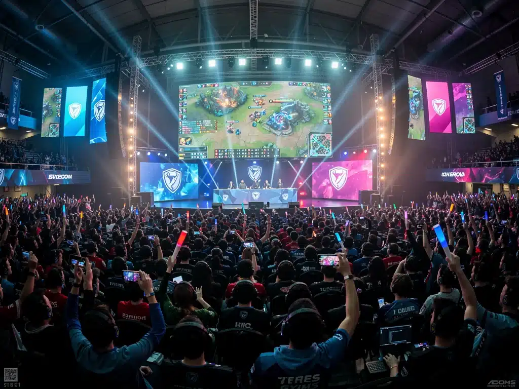Crowded esports tournament hall with a large screen and cheering fans, illustrating the appeal of competitive gaming tourism.