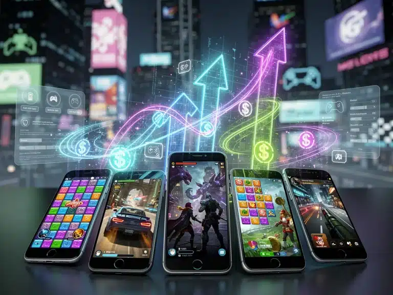 Future of Mobile Gaming US with holographic projections and diverse games