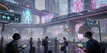 Futuristic cityscape with neon lights and gaming elements, representing the growth of gaming tourism in the US.
