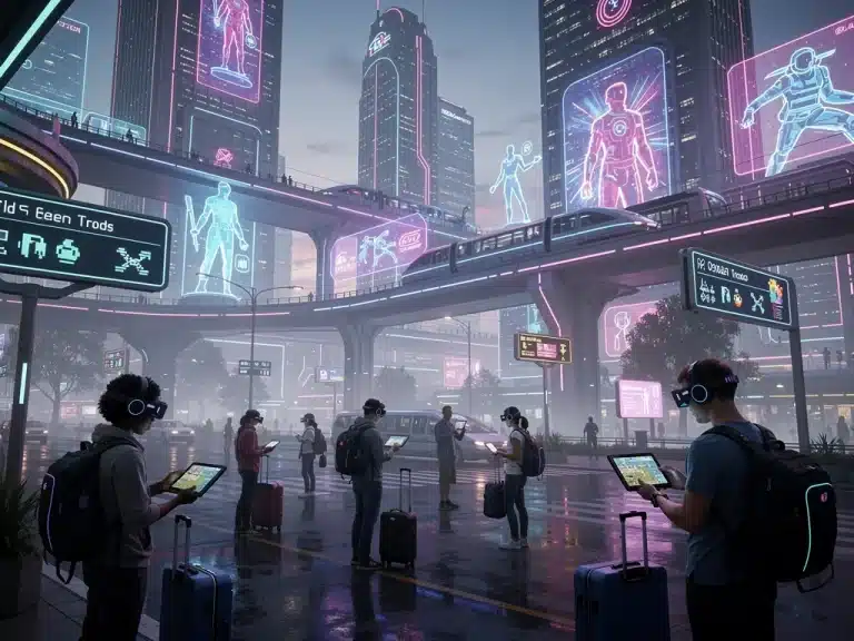 Futuristic cityscape with neon lights and gaming elements, representing the growth of gaming tourism in the US.