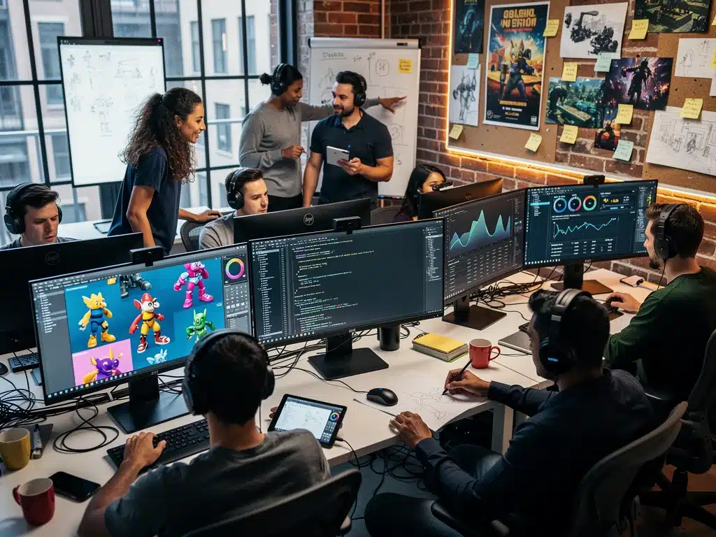 Diverse game development team collaborating in a modern studio environment.
