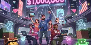 Indie game developers celebrating a million-dollar hit in a futuristic US city, surrounded by game art.