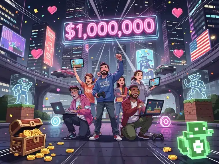 Indie game developers celebrating a million-dollar hit in a futuristic US city, surrounded by game art.
