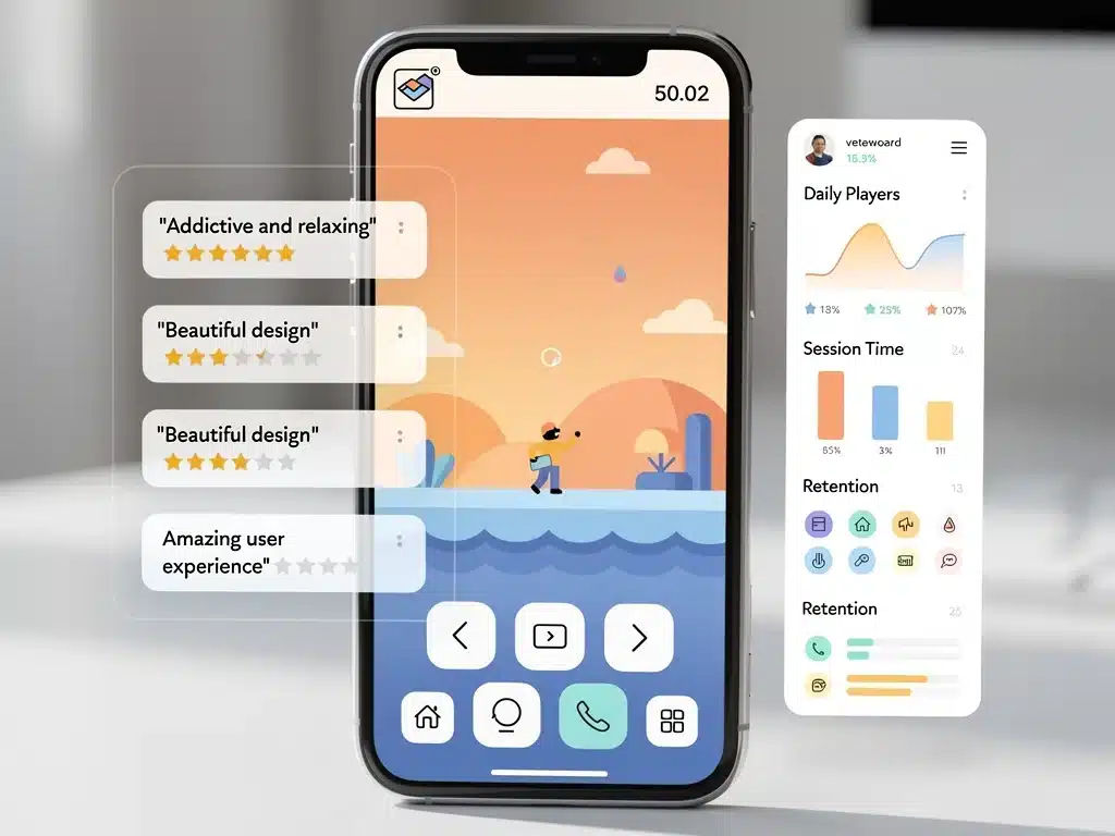 Minimalist indie game interface with high engagement metrics and positive reviews.