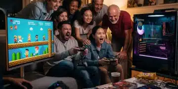 Diverse group of gamers enjoying a re-released classic US video game together.