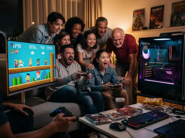 Diverse group of gamers enjoying a re-released classic US video game together.