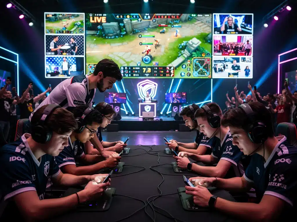 Mobile esports tournament with players competing on smartphones