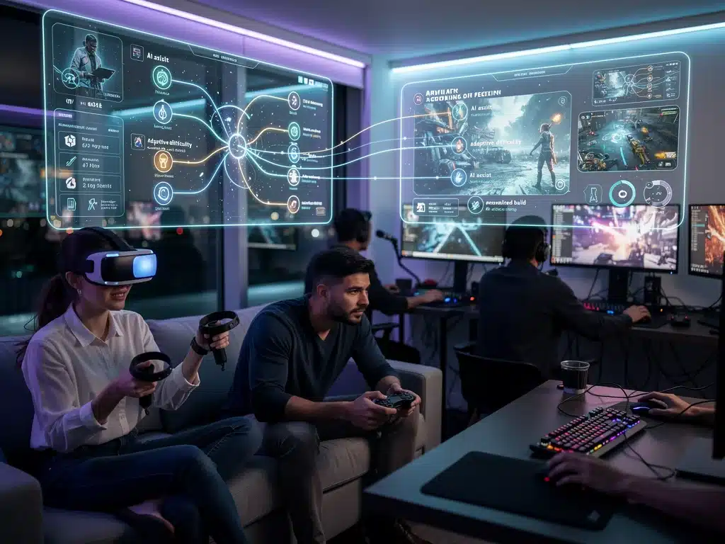 Diverse gamers enjoying personalized AI-driven gaming experiences