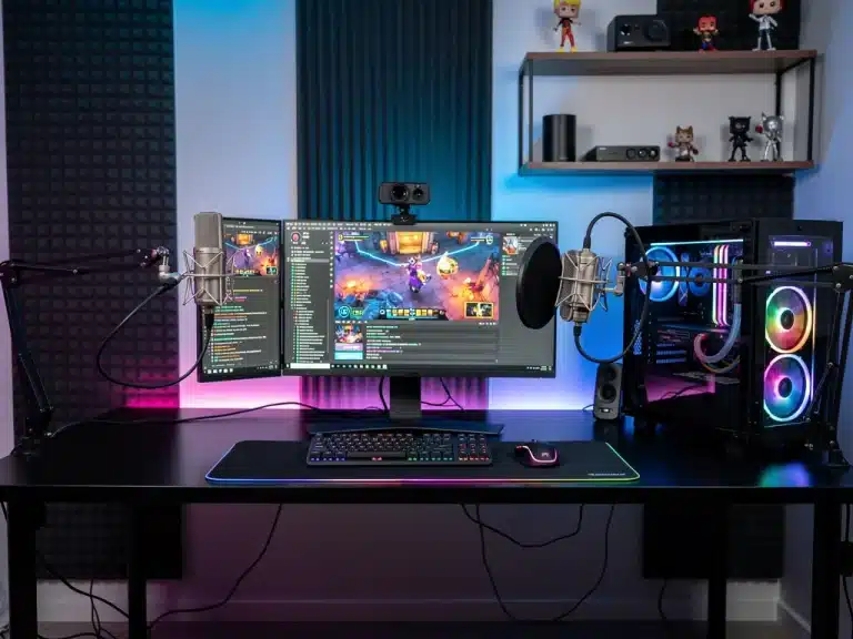 Professional game streaming setup with advanced gear and software interfaces