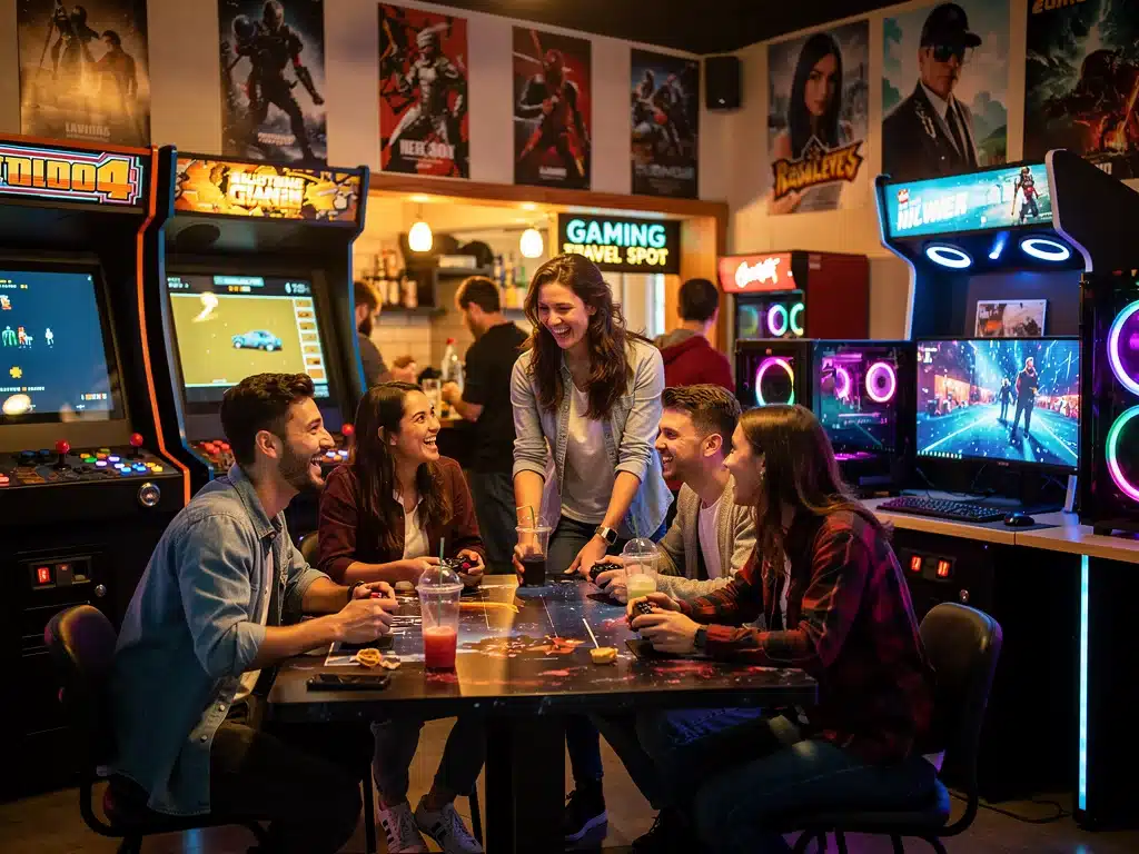 Friends playing games at a themed gaming cafe, showcasing the experiential side of gaming tourism.