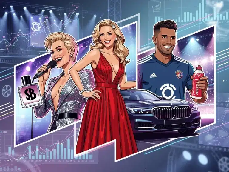 Diverse celebrities promoting various products, symbolizing impactful Q1 2026 endorsements and pop culture trends.