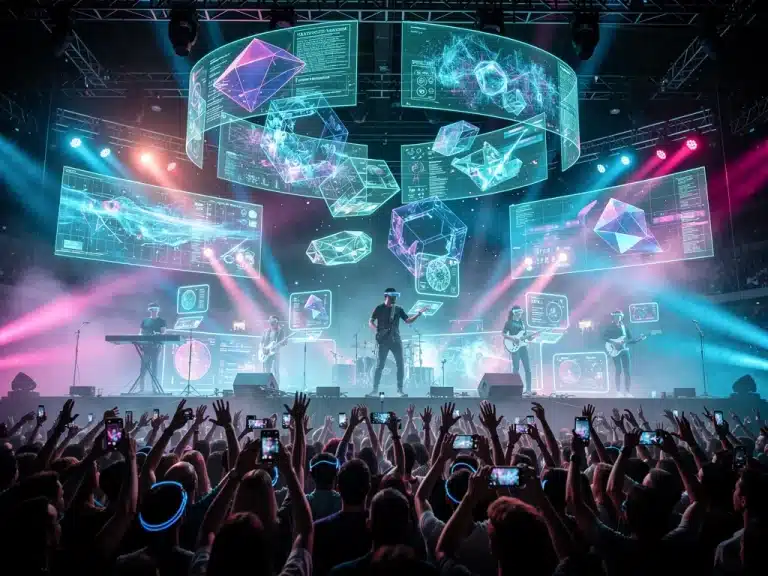 Futuristic concert with AI-powered visuals and musicians
