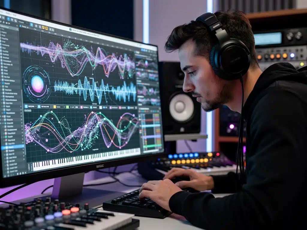 Artist using AI software in a modern recording studio