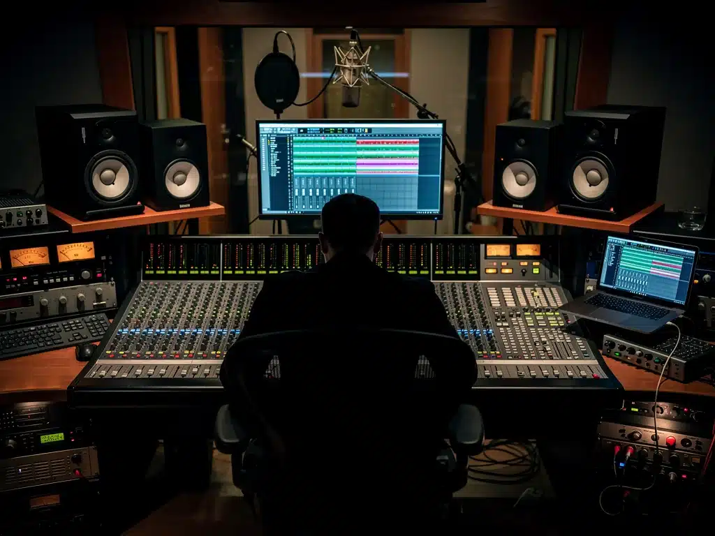 Artist in a modern recording studio, focused on sound engineering for an upcoming album.