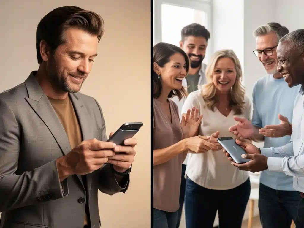 Celebrity authentically engaging with a product, mirrored by enthusiastic consumer interaction, highlighting endorsement success.