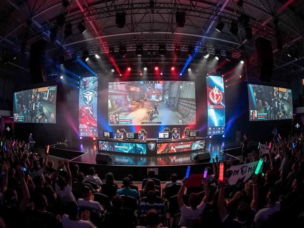 Esports tournament at a US gaming convention, with a large audience.