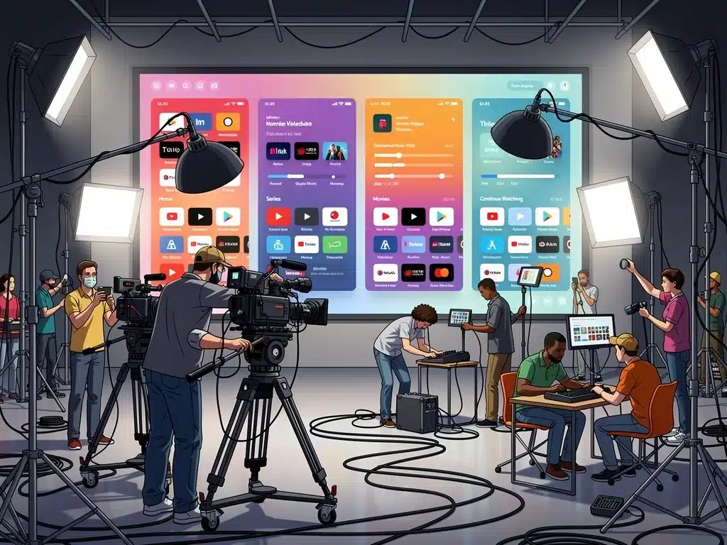 Film set with streaming platform interfaces on a large monitor, showing production changes