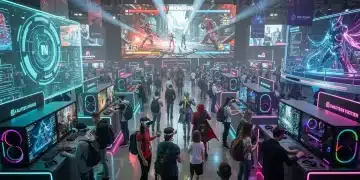 Futuristic US Gaming Convention 2026 with diverse attendees and advanced tech.