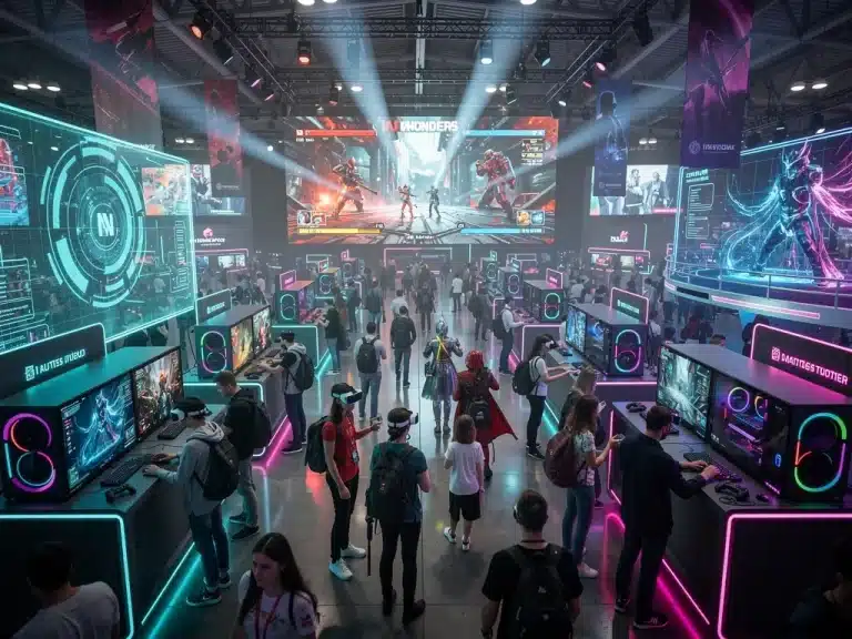 Futuristic US Gaming Convention 2026 with diverse attendees and advanced tech.