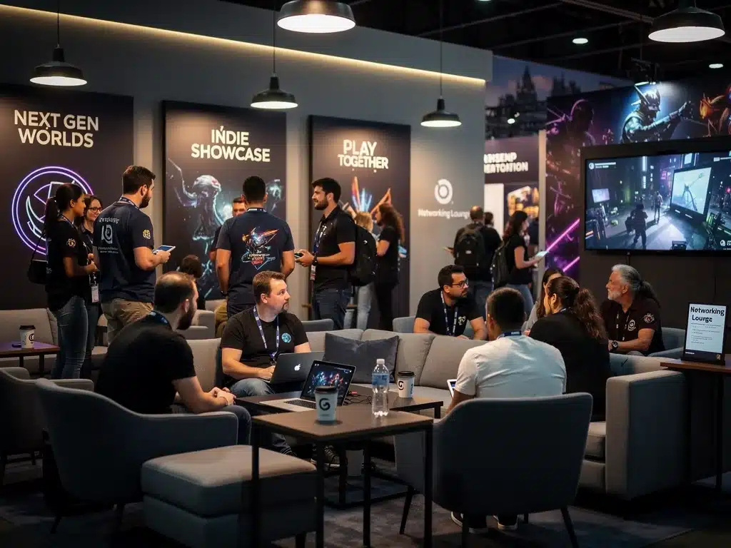 Networking session at a gaming convention, professionals and fans interacting.