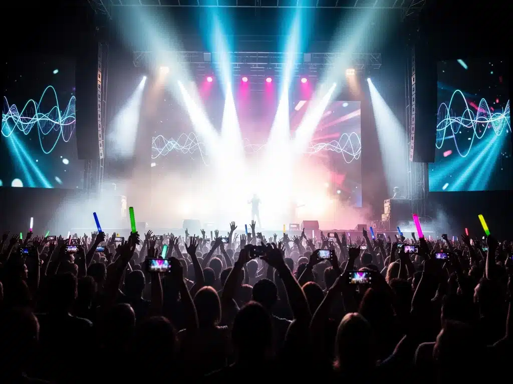 Energetic crowd at a concert, anticipating new music from a performing artist.