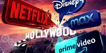 Streaming service logos colliding over Hollywood sign, symbolizing film production shifts
