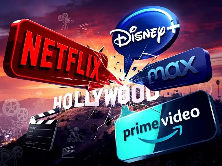 Streaming service logos colliding over Hollywood sign, symbolizing film production shifts