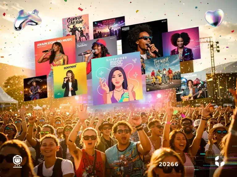 Dynamic collage of diverse music artists and album covers for Summer 2026 releases.