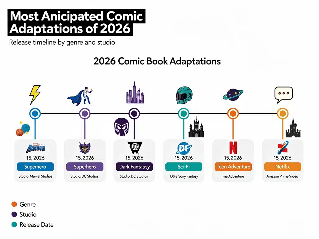 Infographic timeline of 2026 comic book adaptation releases, detailing key dates and studios.