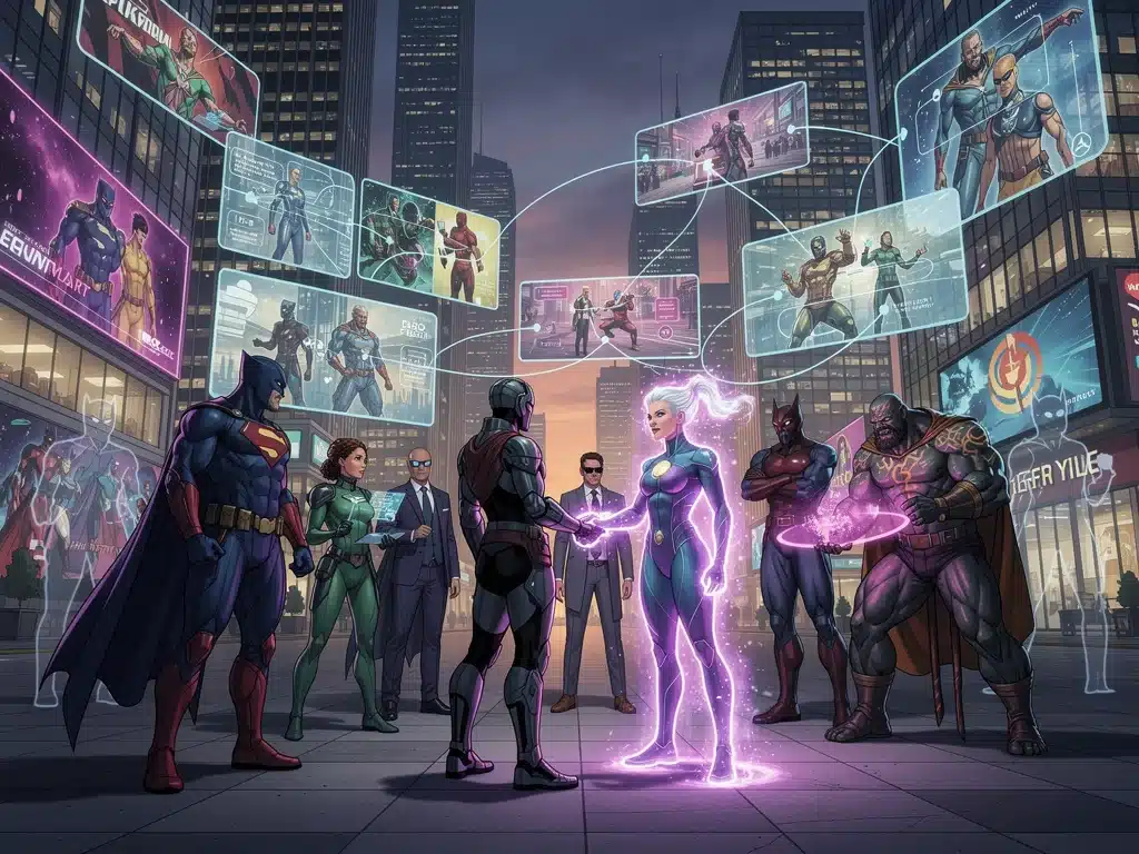Conceptual art of diverse comic book characters interacting in a modern city, reflecting 2026 adaptation trends.