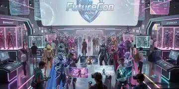 Futuristic fan convention hall with attendees and advanced tech displays