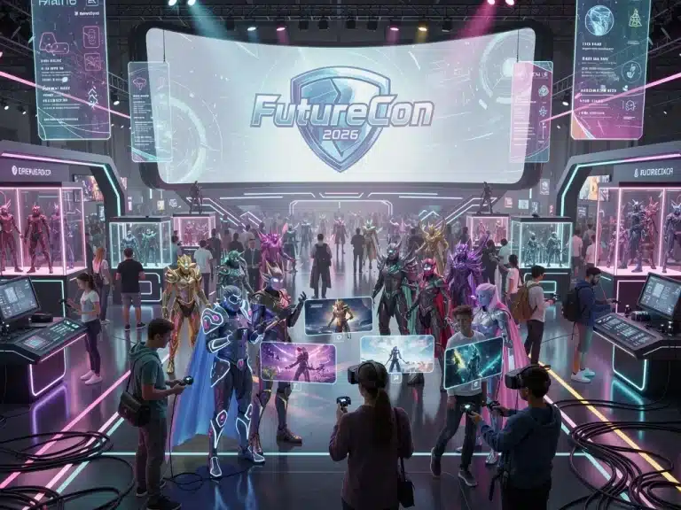 Futuristic fan convention hall with attendees and advanced tech displays
