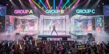 Dynamic K-Pop groups performing on stage, symbolizing U.S. market breakthrough
