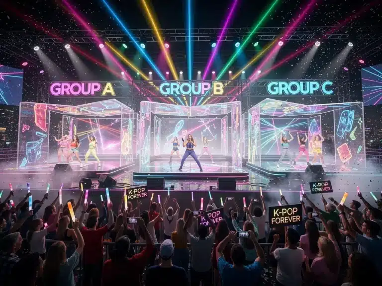 Dynamic K-Pop groups performing on stage, symbolizing U.S. market breakthrough