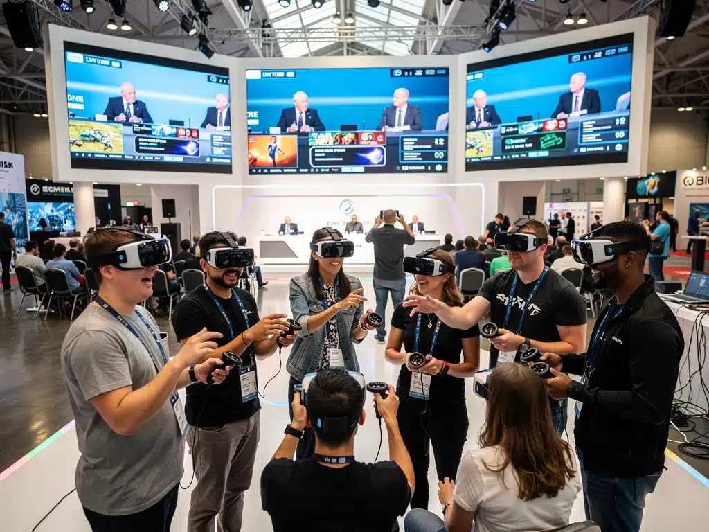 Fan convention attendees experiencing virtual reality content