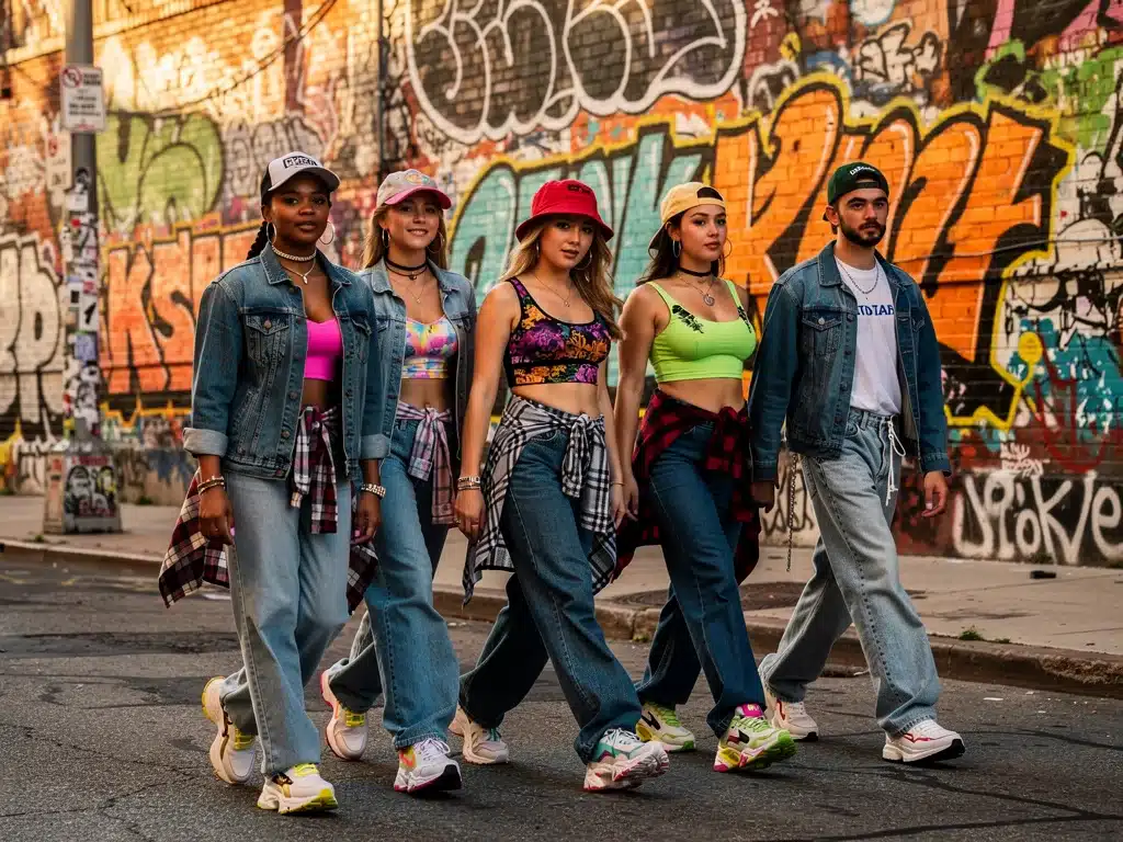 Young adults in 90s fashion on a city street, showcasing retro street style.