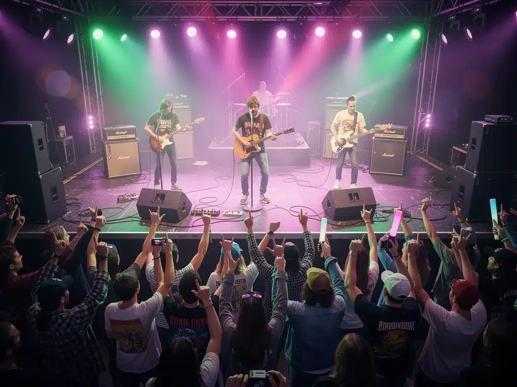 Neon-lit concert stage with a band performing, evoking 90s music nostalgia.