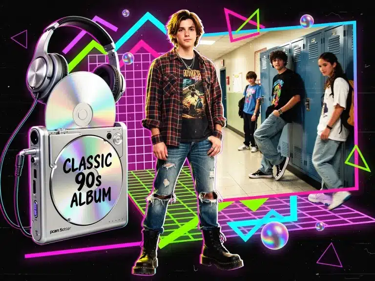 Vibrant 90s pop culture collage with fashion, music, and film elements, symbolizing a retro resurgence.