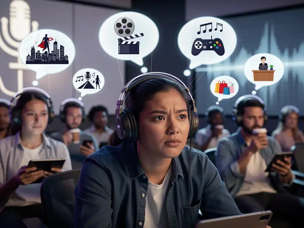 Podcast listeners engaged with pop culture content, illustrating audience connection and influence.