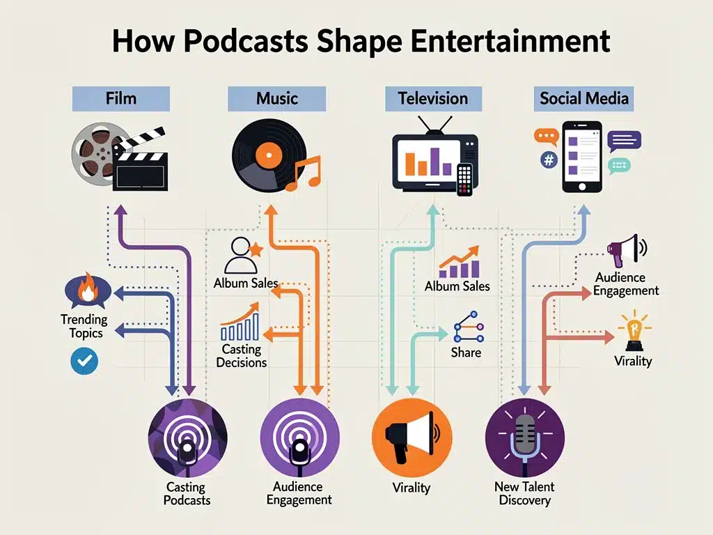 Infographic showing the direct influence of pop culture podcasts on mainstream entertainment sectors.