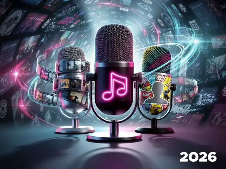 Four distinct podcast microphones representing pop culture influence in 2026, set against a dynamic digital media background.